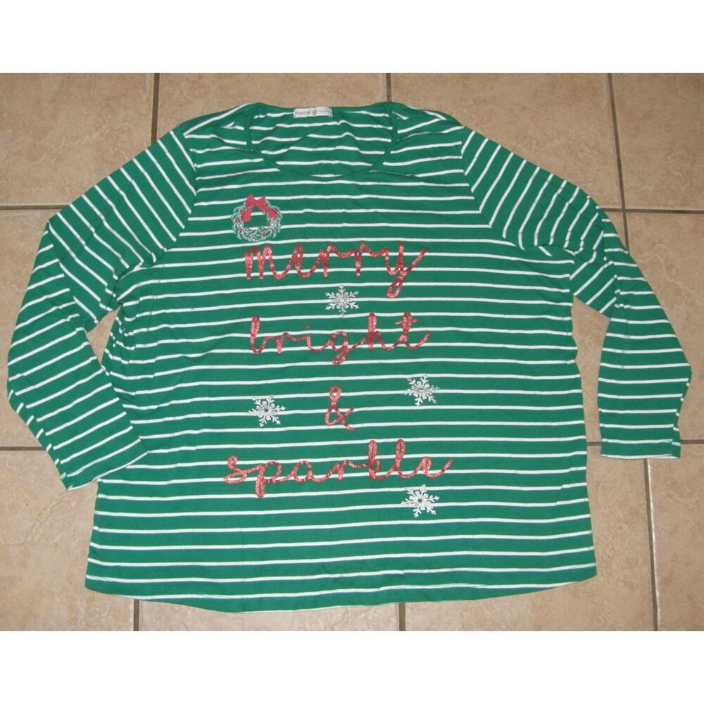 Green Striped Plus Sz 26/28 Soft Stretchy MERRY BRIGHT & SPARKLE Christmas Shirt
